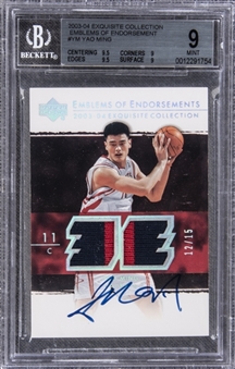 2003-04 UD "Exquisite Collection" Emblems of Endorsement #YM Yao Ming Signed Game Used Patch Card (#12/15) – BGS MINT 9/BGS 10